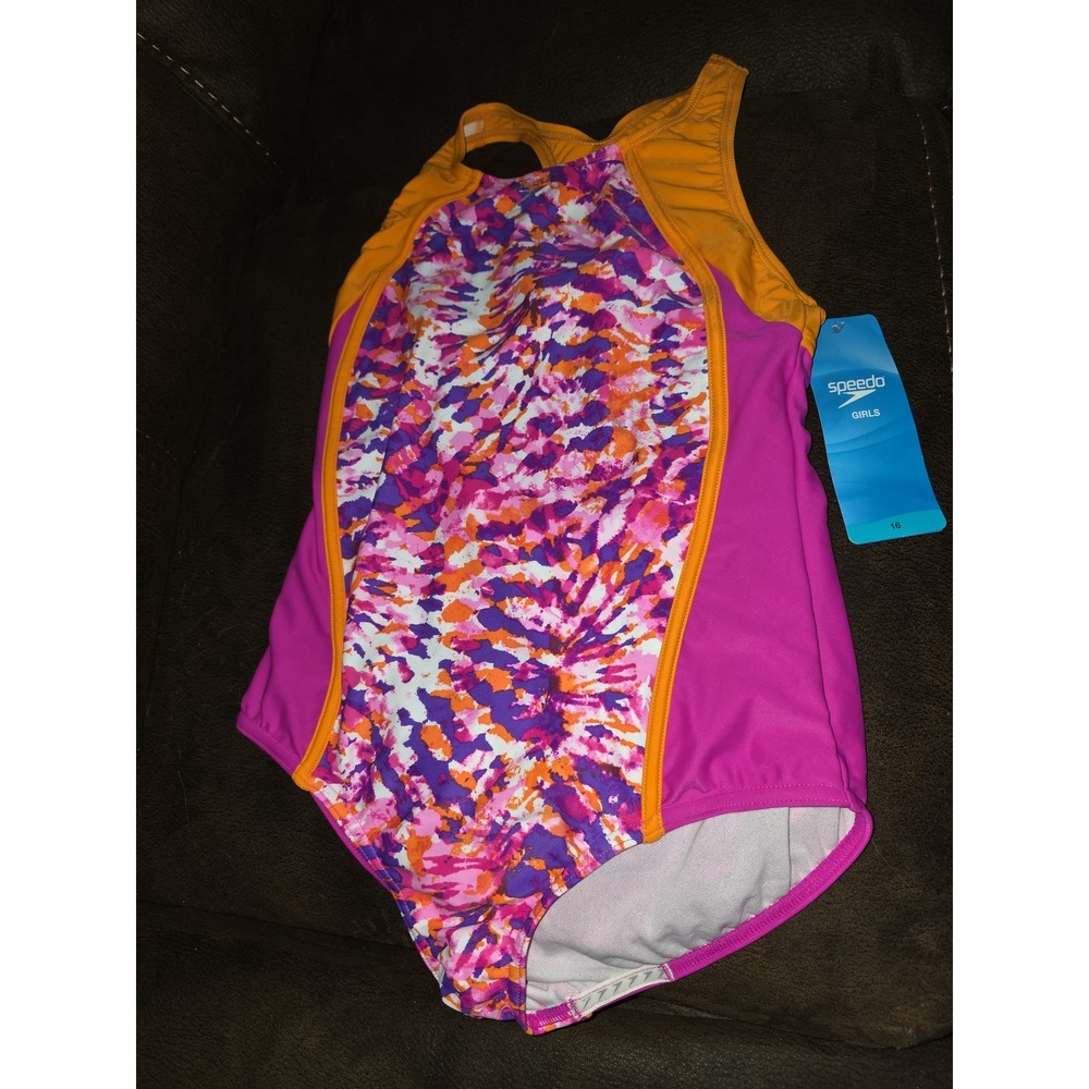Speedo girls bathing swim suit pink tie dye size 16 nwt